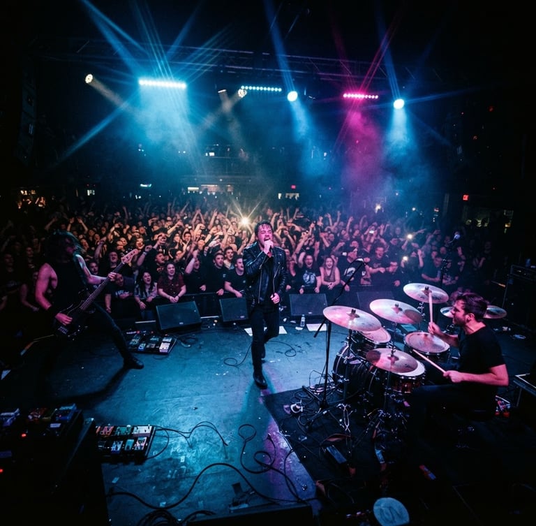 Wide shot of a live band performing on a dark stage, dramatic blue and magenta stage lighting, lens flares, energetic crowd visible from stage perspective, high contrast, 35mm lens