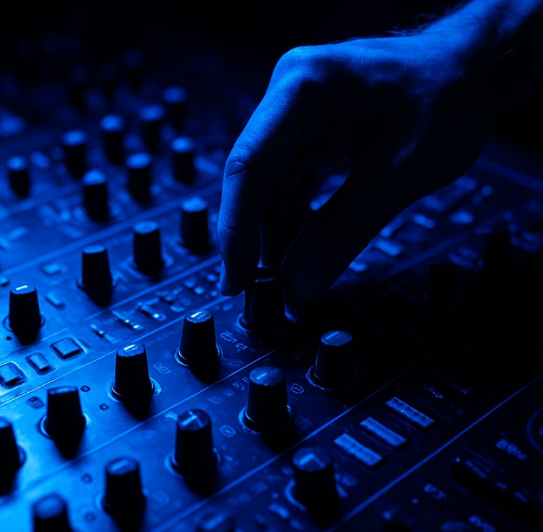Close-up of a DJ's hand adjusting a knob on a high-end mixing console, vibrant electric blue light reflecting on the equipment, deep shadows, high contrast, technical detail, 35mm lens.