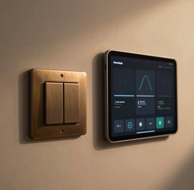 A medium-close architectural shot of a flush-mounted bronze switch plate and a sleek wall-mounted tablet displaying a minimalist dark-themed Home Assistant dashboard, warm evening ambient lighting.