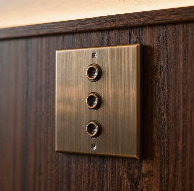 Close-up of a brushed bronze multi-button switch plate flush-mounted in dark oak wood paneling, soft warm architectural glow from above.