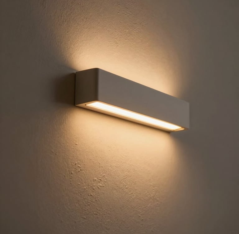 Close-up of a flush-mounted warm LED light strip casting a soft amber glow down a textured plaster wall, minimalist architectural detail