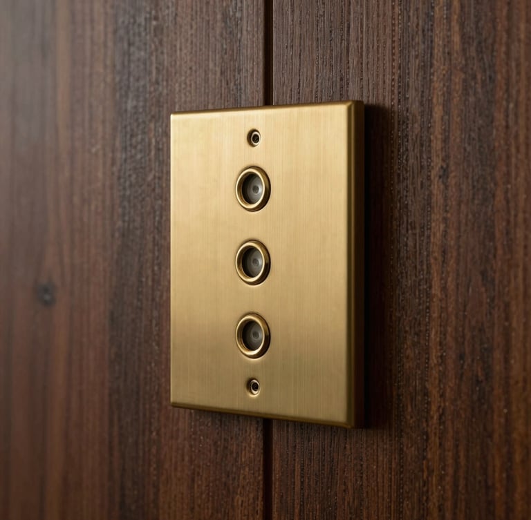 A sleek, solid brass multi-button switch plate mounted on dark oak wood paneling, controlling subtle ambient lighting