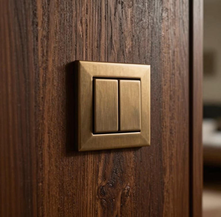 Medium-close shot of a high-end Benelux interior, flush-mounted bronze switch plate on dark oak wood, soft indirect warm lighting, evening ambiance.
