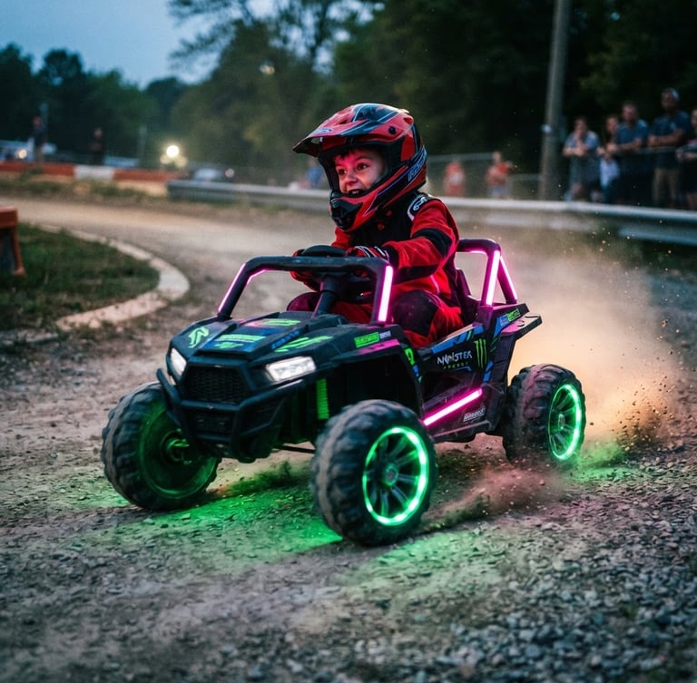 Dynamic low-angle shot of a child steering a motorized electric ride-on toy, glowing green LED wheels kicking up soft dust on a track, dramatic neon pink accent lighting, 35mm lens, vibrant and high-contrast.