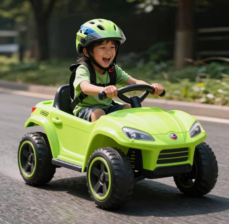 Dynamic low-angle shot of a child wearing a helmet, laughing while steering a vibrant neon-green electric ride-on car on a sunny paved track, motion blur on wheels