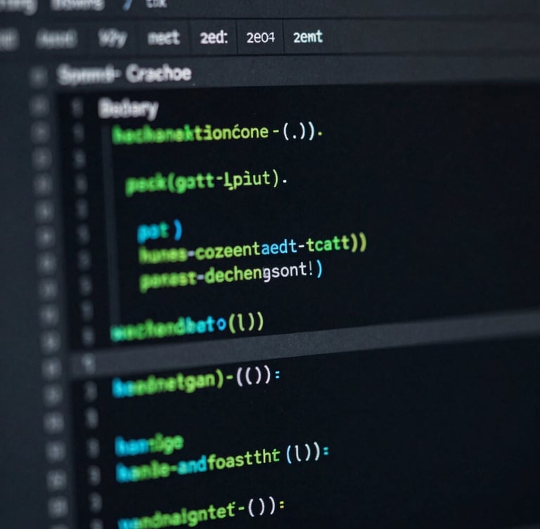 Close-up of a dark IDE showing clean backend code with subtle green and cyan highlights, shallow depth of field