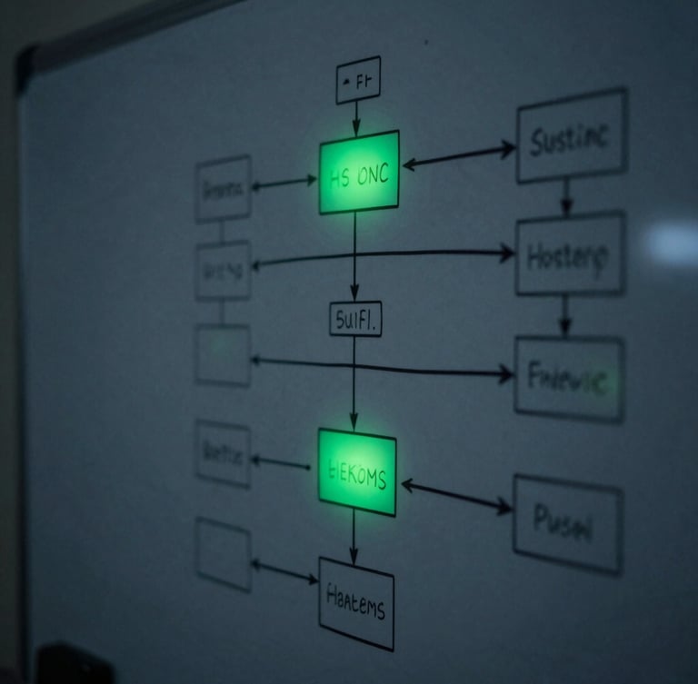 Macro shot of physical whiteboard filled with system architecture diagrams, low-key ambient terminal glow, deep obsidian and neon green tones, shallow depth of field