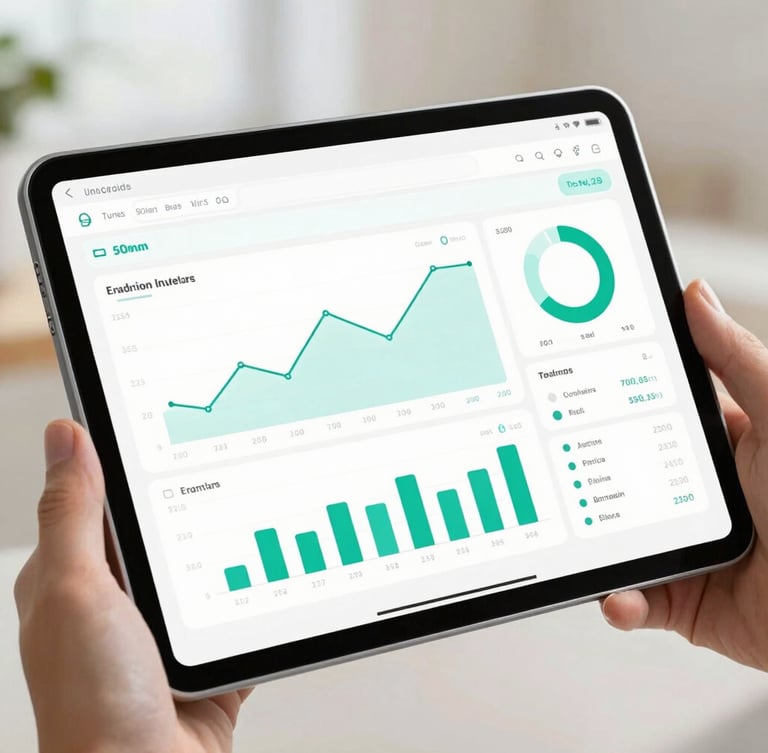 Sharp macro shot of a modern Android tablet screen displaying a high-fidelity pharmaceutical inventory dashboard with clinical teal charts, bright natural daylight, soft neutral background, 50mm