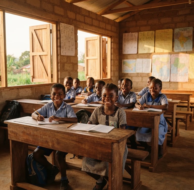 Warm editorial photograph of children smiling at their wooden desks in a newly built classroom in West Africa, natural golden-hour daylight streaming through large open windows.