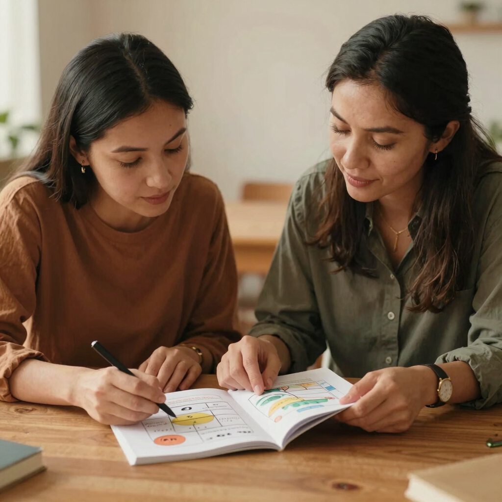 Warm editorial medium-shot of a local mother and a schoolteacher reviewing a colorful lesson plan together at a wooden table, soft natural daylight, authentic interaction.