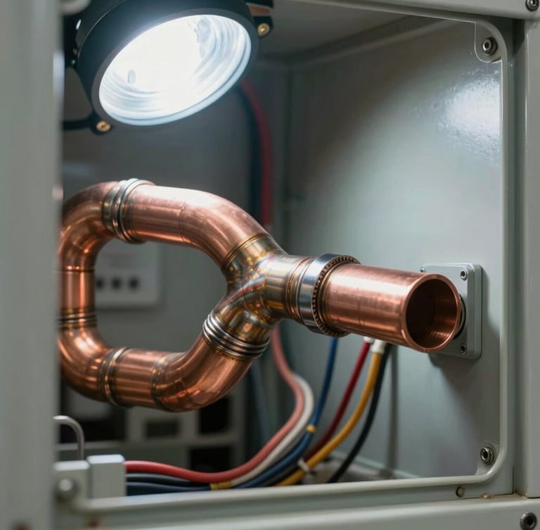 Crisp macro shot of clean copper pipe brazing and organized wiring harnesses inside an open HVAC electrical control panel, bright work light.