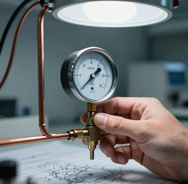 Crisp, high-contrast close-up of a technician's hand adjusting a digital manifold gauge connected to clean copper lines, bright cool work light, technical blueprint aesthetic.