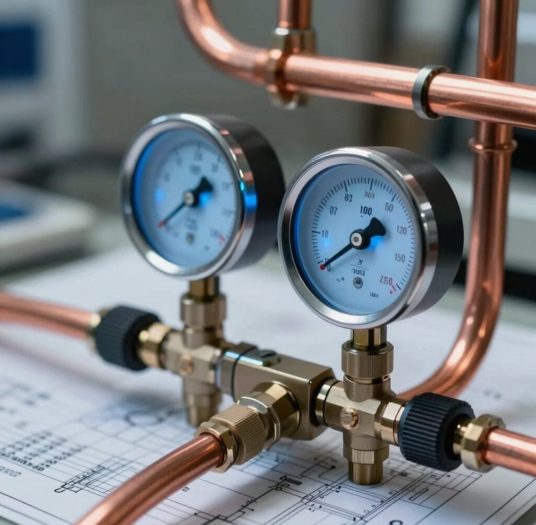 A close-up of digital manifold gauges connected to clean copper refrigeration lines, crisp cool blue work light illuminating the pressure readings, technical blueprint precision.
