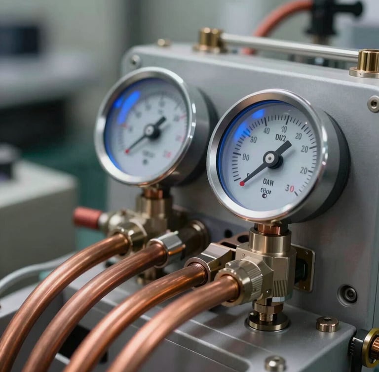 Crisp, high-contrast macro photograph of digital manifold gauges connected to clean copper lines with blue backlighting in a modern mechanical room.