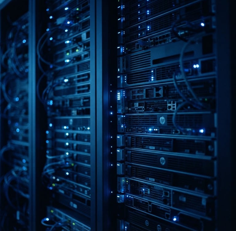 Minimalist server architecture with glowing status indicators, cool low-key blue lighting, sharp focus, 35mm
