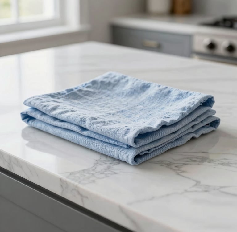 Close-up of a sparkling marble countertop in a modern Canadian kitchen, neatly folded linens, bright natural daylight, sharp focus, 35mm