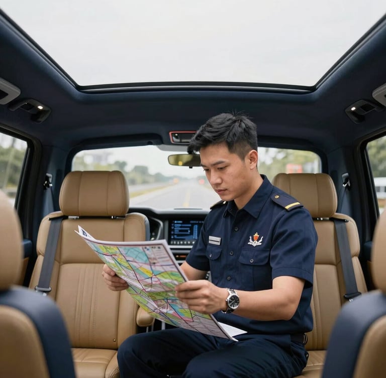 Professional driver in uniform reviewing a map inside a luxury coach, focused and organized, soft overcast daylight, deep navy and gold tones, 35mm