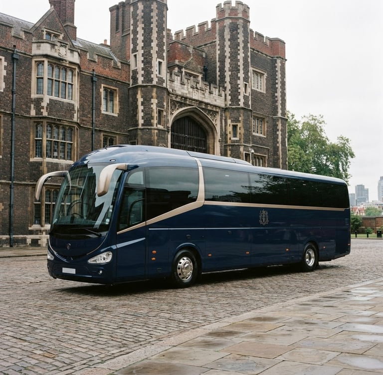 Modern luxury coach parked in front of a historic UK landmark, bright overcast daylight, deep navy and gold tones, crisp architectural framing, 35mm