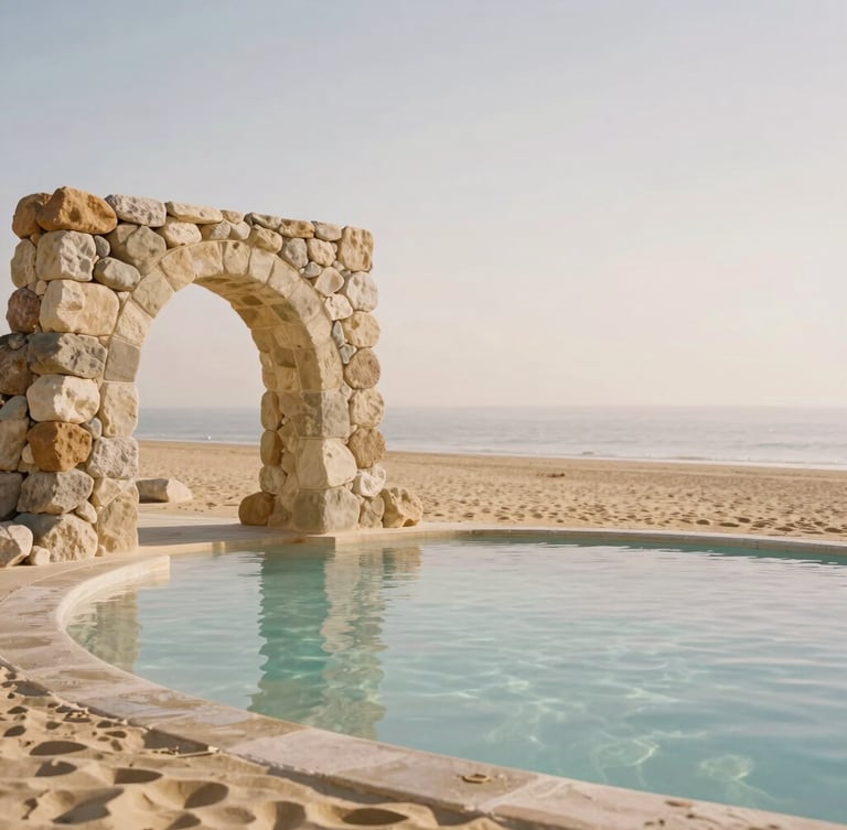 Minimalist side view of a sun-drenched stone archway overlooking a calm, clear thermal pool, warm sand tones, soft morning daylight, editorial photography.