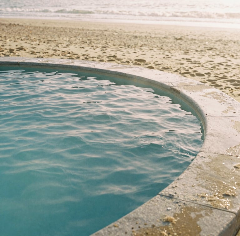 Warm editorial photography of a sun-drenched stone thermal pool with rippling water, soft morning daylight, minimalist composition, 35mm film