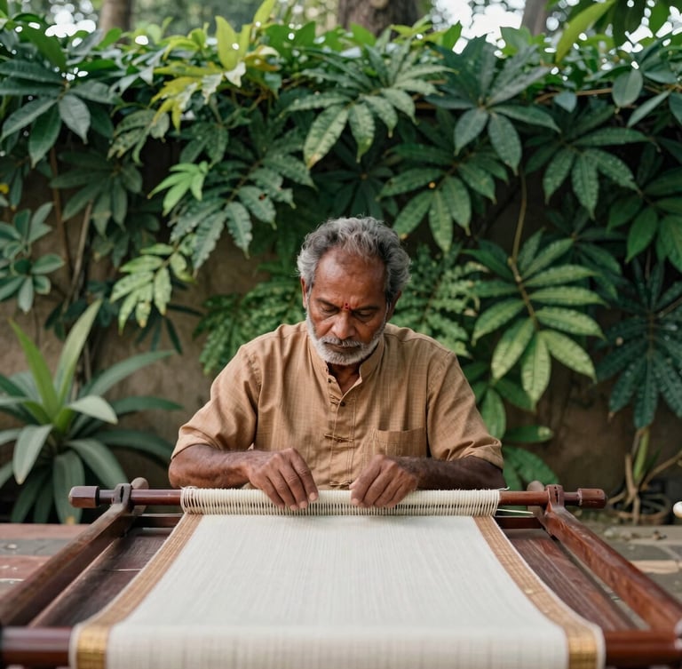 Portrait of a Maharashtrian artisan weaving traditional fabric, soft natural daylight, rich earth tones, lush greens, wide cinematic framing, 35mm
