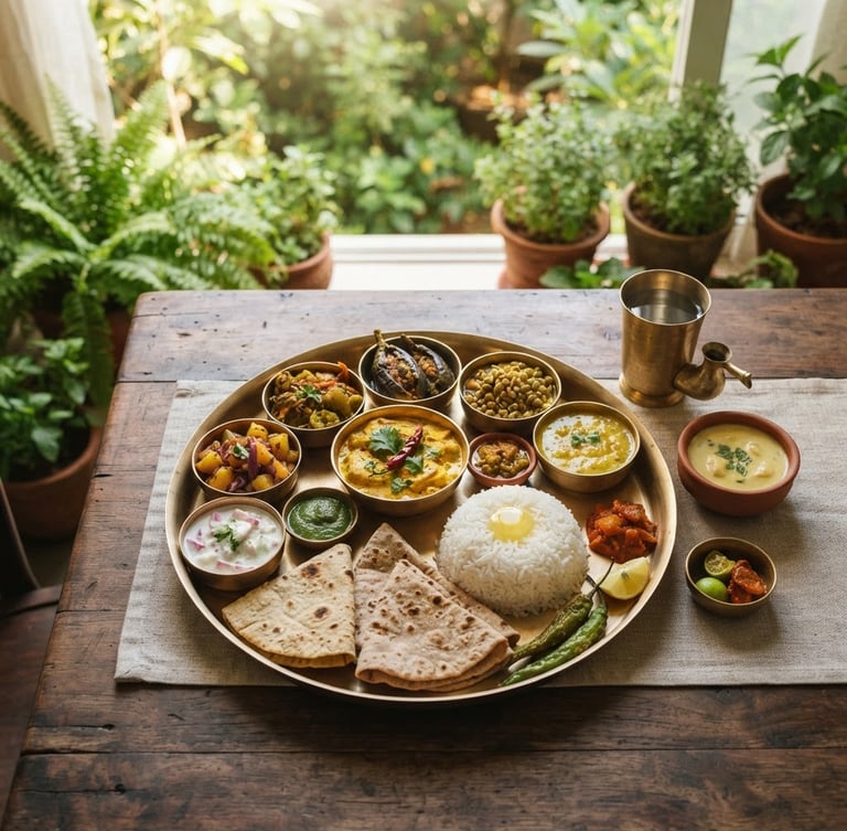A beautifully plated traditional Maharashtrian thali, shot from above, with soft natural daylight, rich earth tones, and lush green background, wide cinematic framing.