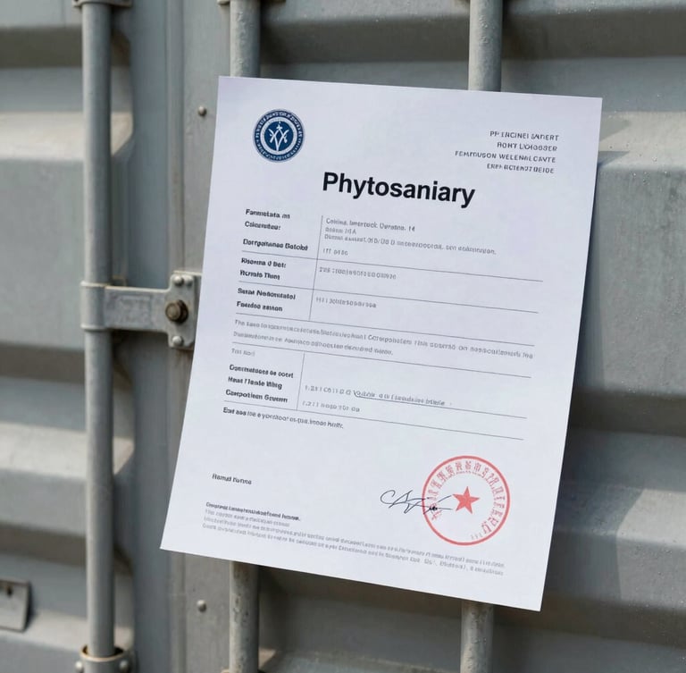 A close-up of an official phytosanitary certificate document resting on a metal shipping container latch.