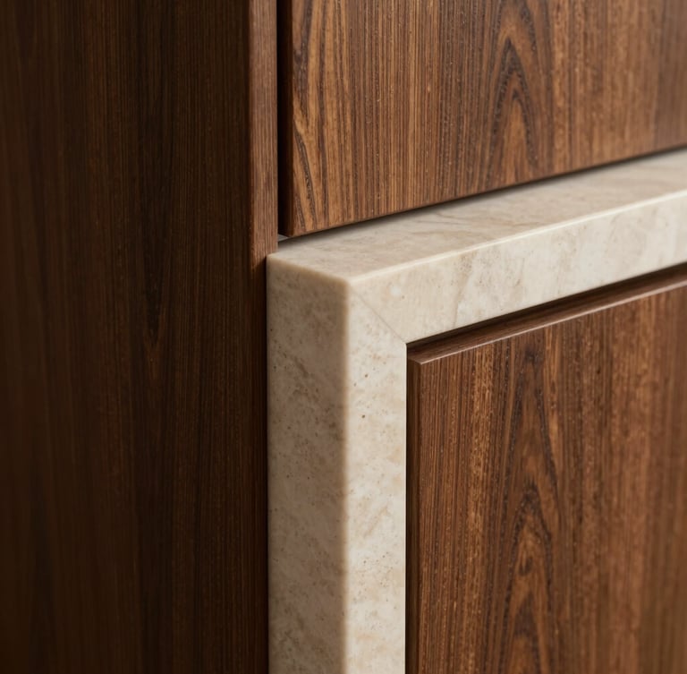 Close-up architectural photograph of a material transition, dark oak wood paneling meeting a honed cream travertine marble edge, soft side lighting, sharp focus on texture.
