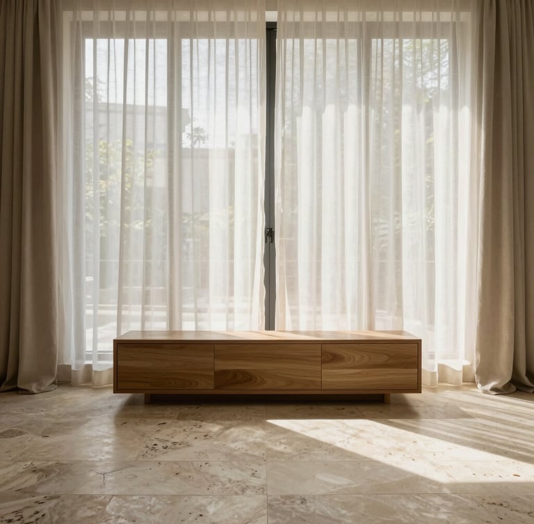 Symmetrical architectural shot of a high-end residential living area, natural soft daylight filtering through sheer linen curtains, travertine stone floor meeting a low oak credenza, minimalist styling.