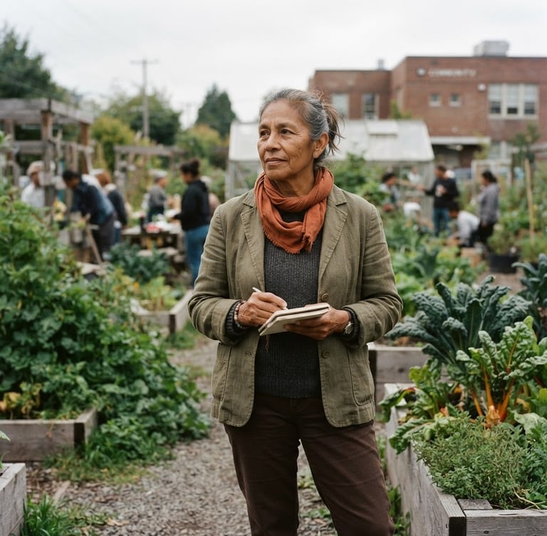 A wide environmental portrait of a local community leader in natural, diffused overcast daylight, looking slightly off-camera, desaturated earth tones.