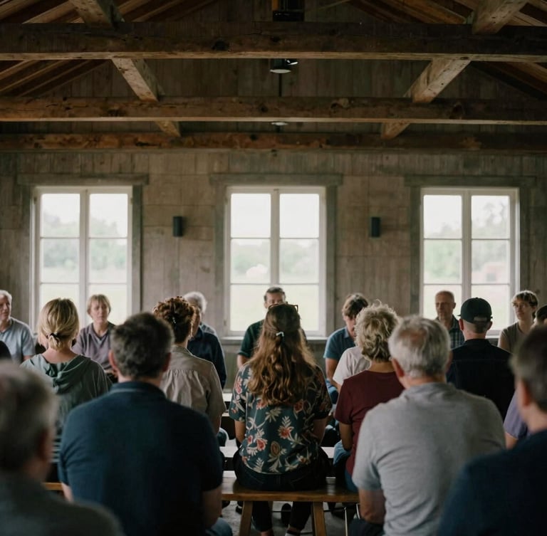 Wide environmental shot of a community gathering in a rustic wooden hall, natural diffused window light, desaturated earth tones, documentary film photography