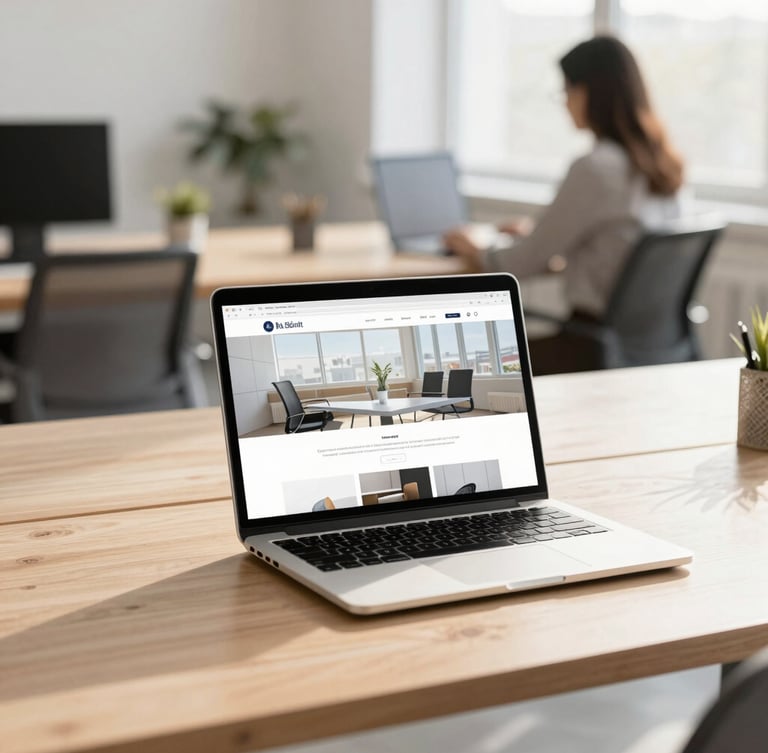 bright editorial business photography, natural office light, warm professional tones, clean modern workspaces, shallow depth of field, a laptop showing a clean website design on a slate desk, a professional working in the background