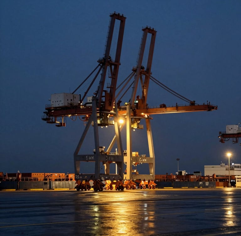 Architectural crop of a modern deep-water shipping port, massive steel cranes against a deep twilight sky, warm gold ambient lighting casting long reflections on wet asphalt, premium editorial corporate photography, 35mm