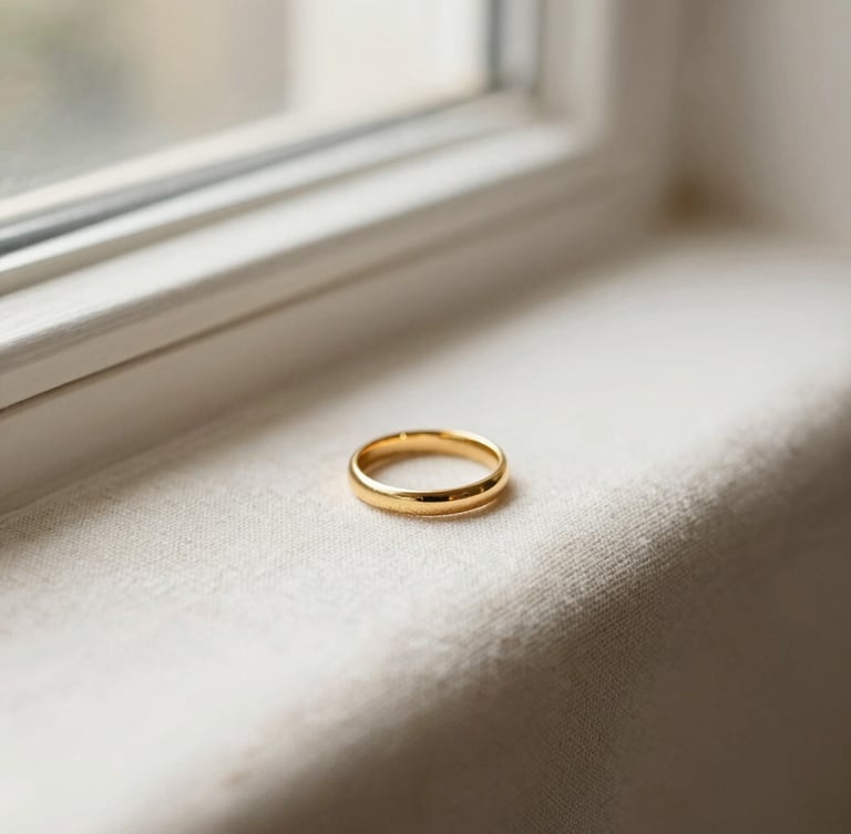 Macro editorial photography of a minimalist workspace in London, a delicate gold-plated ring resting on textured linen near a window, soft north-facing daylight, shallow depth of field, 35mm