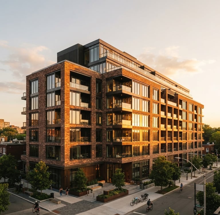 Warm architectural photography of the completed Stage 1 residential building at golden hour, detailed brickwork and large windows reflecting warm sunlight, clean architectural lines.