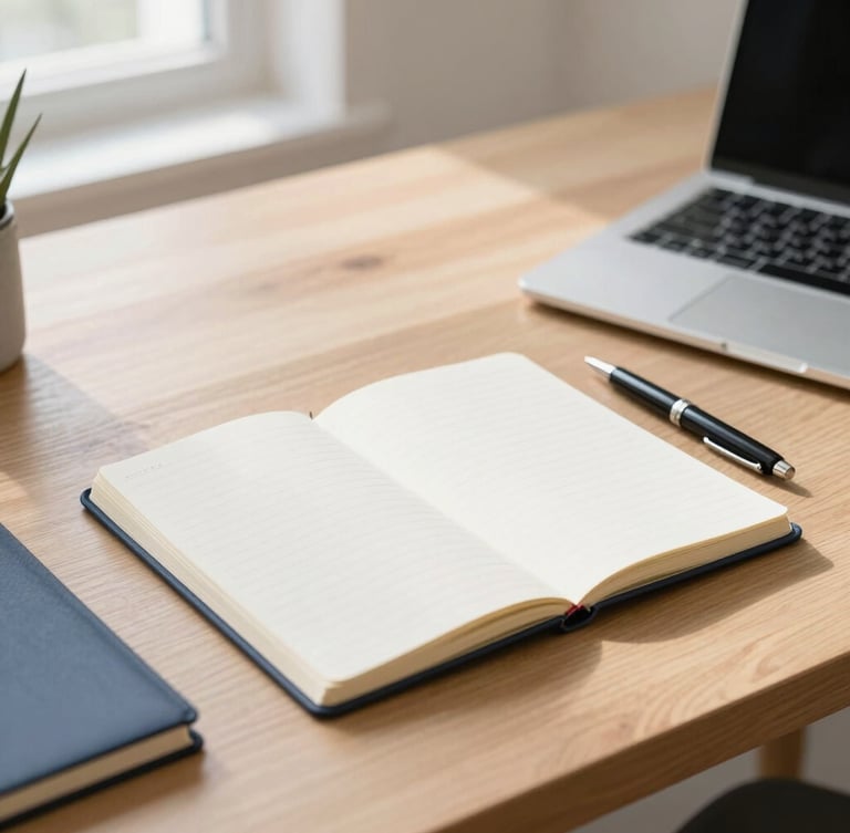 Bright editorial photography of a clean minimalist workspace, soft natural daylight, a neat notebook and a pen on a wooden desk, 35mm.