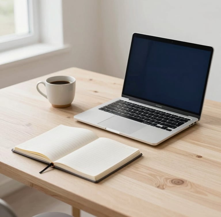 Bright editorial photography, soft natural daylight, clean minimalist workspace with a laptop, organized notebook, and a ceramic coffee cup on a light wooden desk, neutral tones with navy accents, professional, 35mm