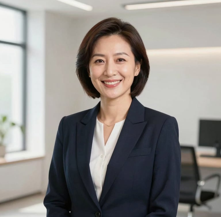 Professional portrait of a female executive in her late 40s, warm friendly smile, soft natural light, clean neutral background, corporate minimalist style.
