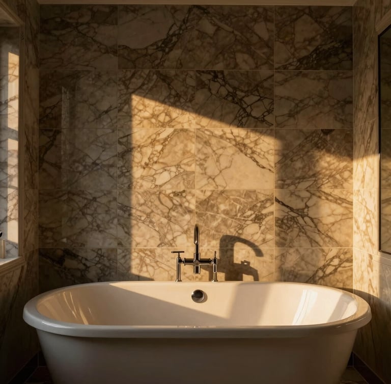 Warm golden-hour interior light illuminating a luxury bathroom with custom marble tile alignment and a freestanding soaking tub