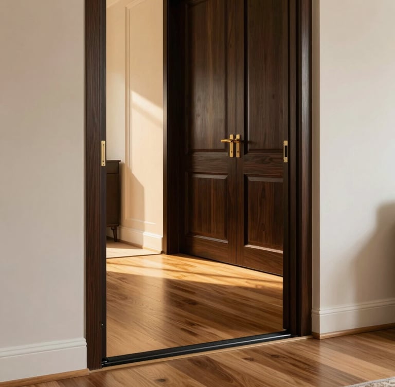 Clean architectural transition zone inside a luxury home, dust-tight protective seal on doorway, pristine hardwood floors protected with heavy-duty runner