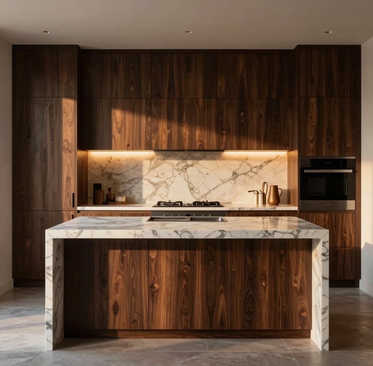 Straight-on architectural shot of a bespoke kitchen island with bookmatched marble and custom dark oak millwork, warm under-cabinet lighting