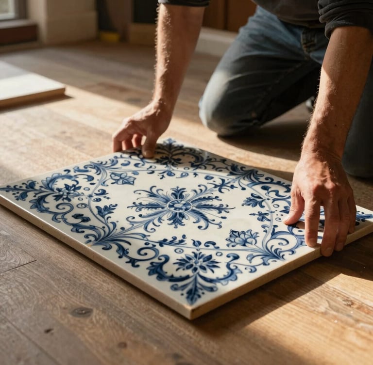 Detail shot of a craftsman's hands carefully aligning a large-format porcelain tile on a perfectly leveled floor, warm ambient side-light, sharp focus.