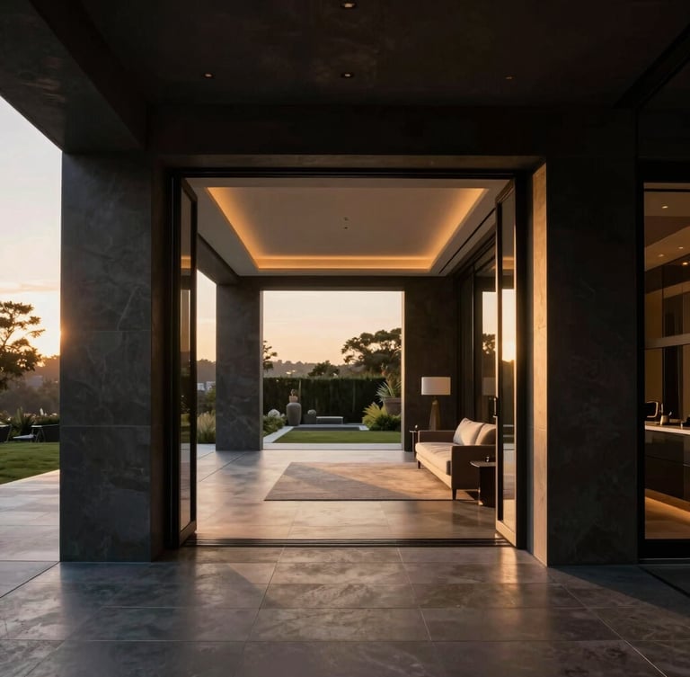 Straight-on architectural photography of a luxury home interior showing a clean transition to an outdoor terrace, warm golden-hour light, rich dark tones, sharp focus.