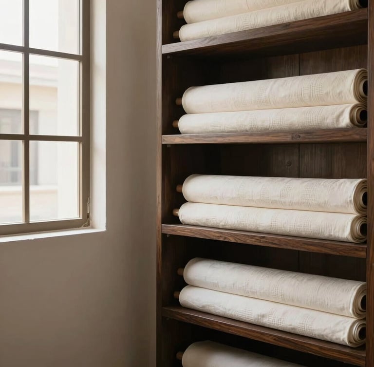 Tactile interior of a luxury tailoring atelier in Lahore, soft natural light streaming through high windows, rolls of premium unstitched cotton and linen fabrics on dark wooden shelves, minimalist aesthetic.