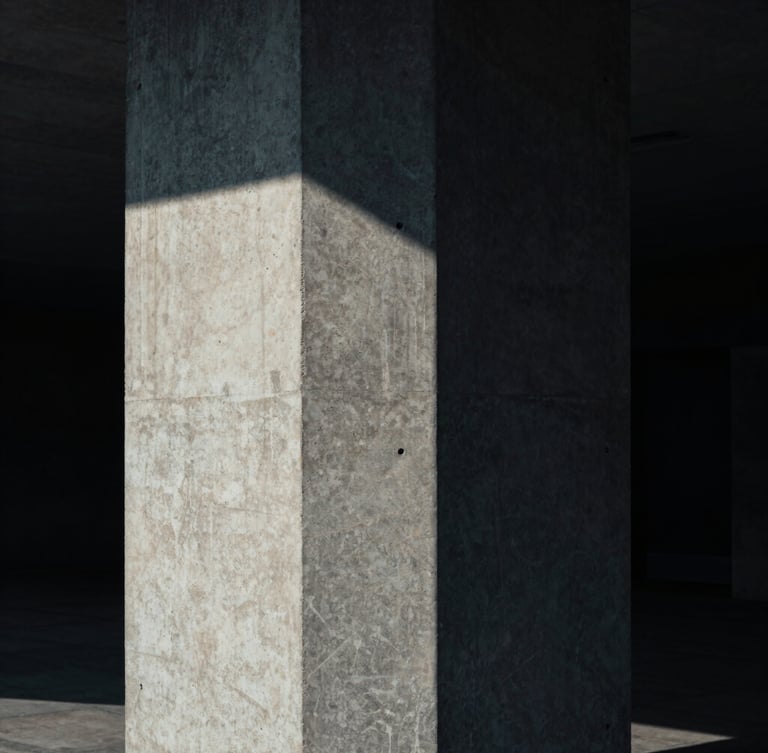 Tight geometric crop of a concrete architectural column casting sharp shadows, low-key dramatic lighting, cool tones.