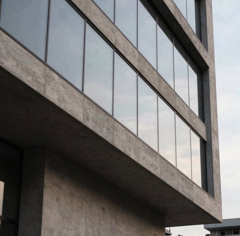 Architectural close-up of a modern corporate building facade in Nova Lima, sharp concrete angles and glass reflecting soft overcast daylight, professional medium format, deep shadows