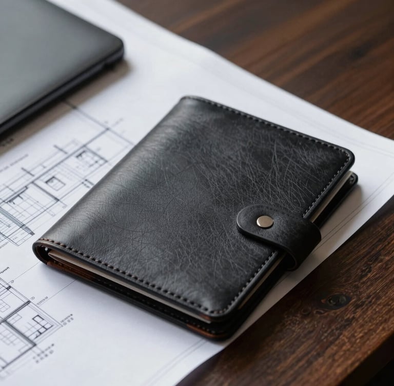 A close-up of high-quality leather folders containing architectural blueprints on a dark wooden table, soft side lighting, corporate tones.