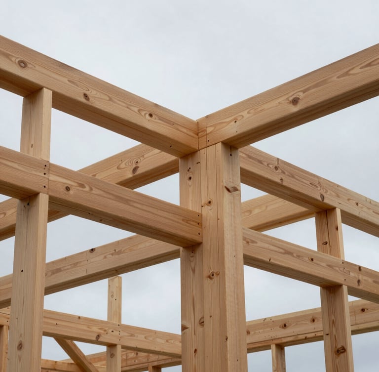 Clean architectural shot of exposed Douglas-fir timber framing against an overcast Pacific Northwest sky, showing precise joinery and structural integrity.
