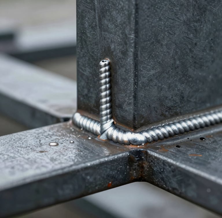 Macro close-up of a clean, stacked-dime weld bead on structural steel, cool overcast Pacific Northwest daylight, architectural metal framing detail.