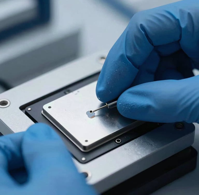 Macro close-up of a high-precision optical sensor calibration tile, hands in blue nitrile gloves positioning the specimen under clinical cool laboratory lighting.